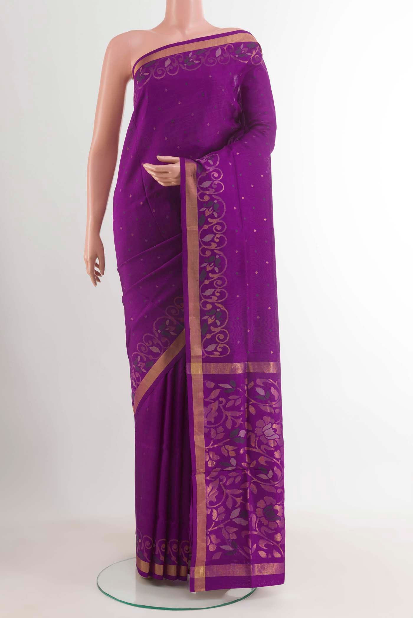 Purple Uppada Silk Saree with Zari Butta on the body and Zari Border displayed on a mannequin