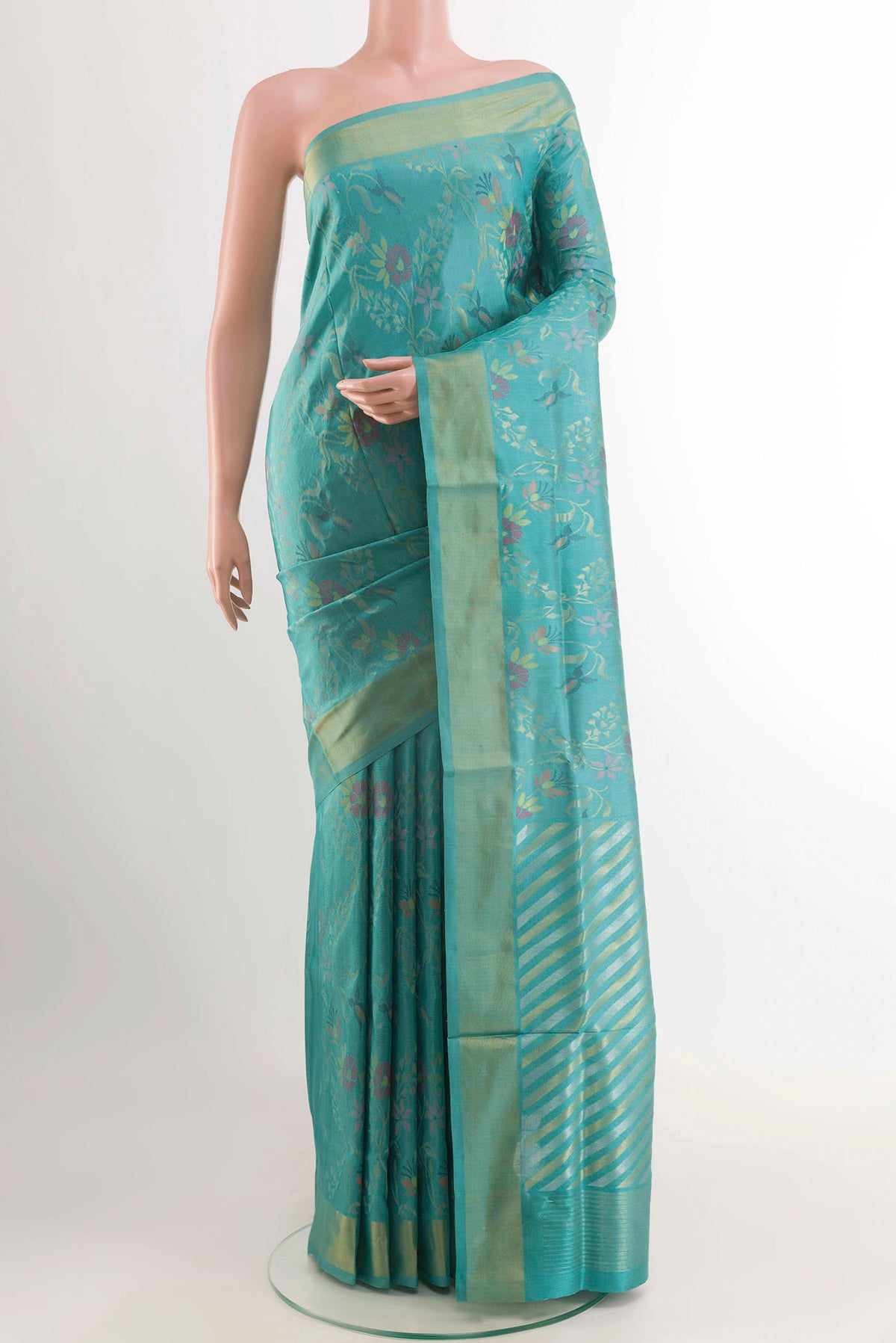 Pure Silk Pure Zari Blue Uppada Saree with Zari Brocade on the body and Zari Border displayed on a mannequin