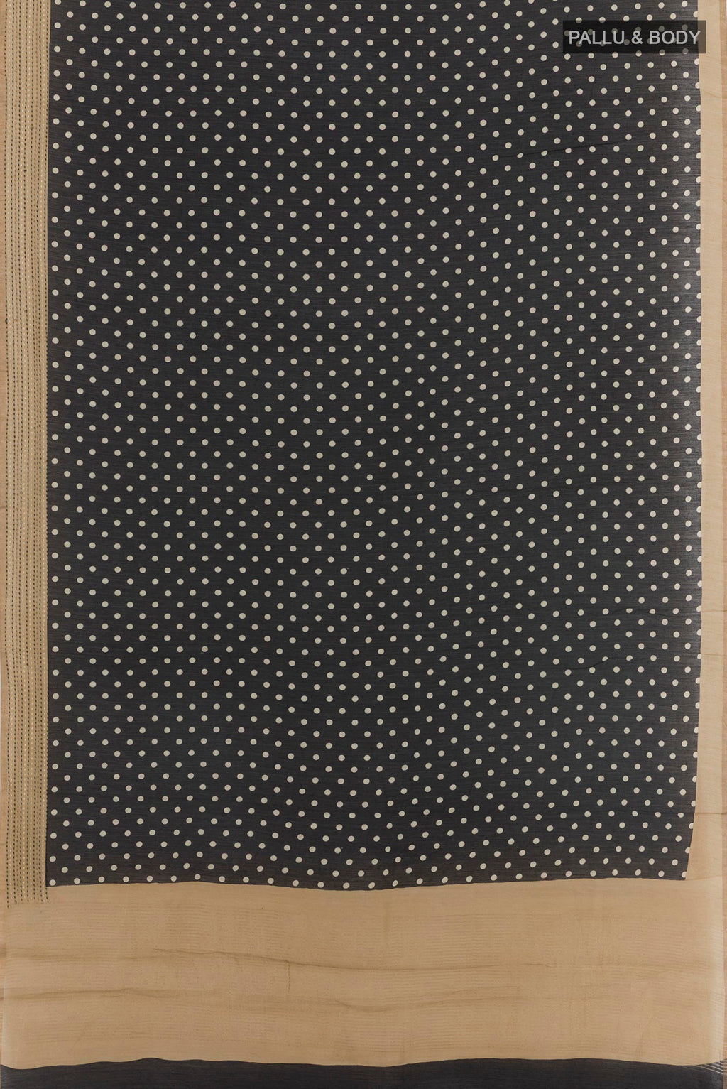 Flat view of Black Tussar Saree with Polka Dots on the body and Thread Embroidery Border. 