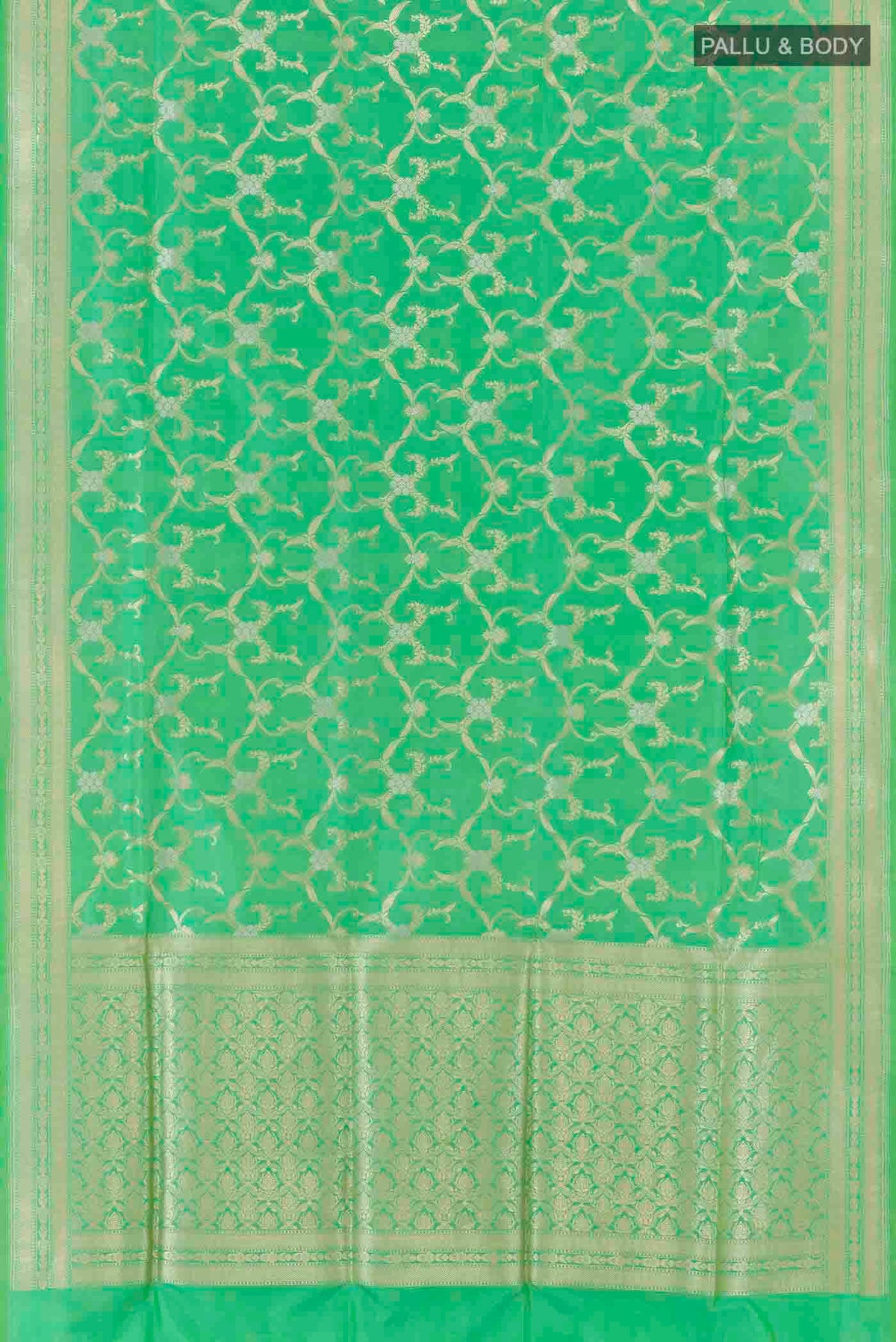 Flat view of Green Banarasi Silk Saree with Zari Brocade on the body and Zari Border