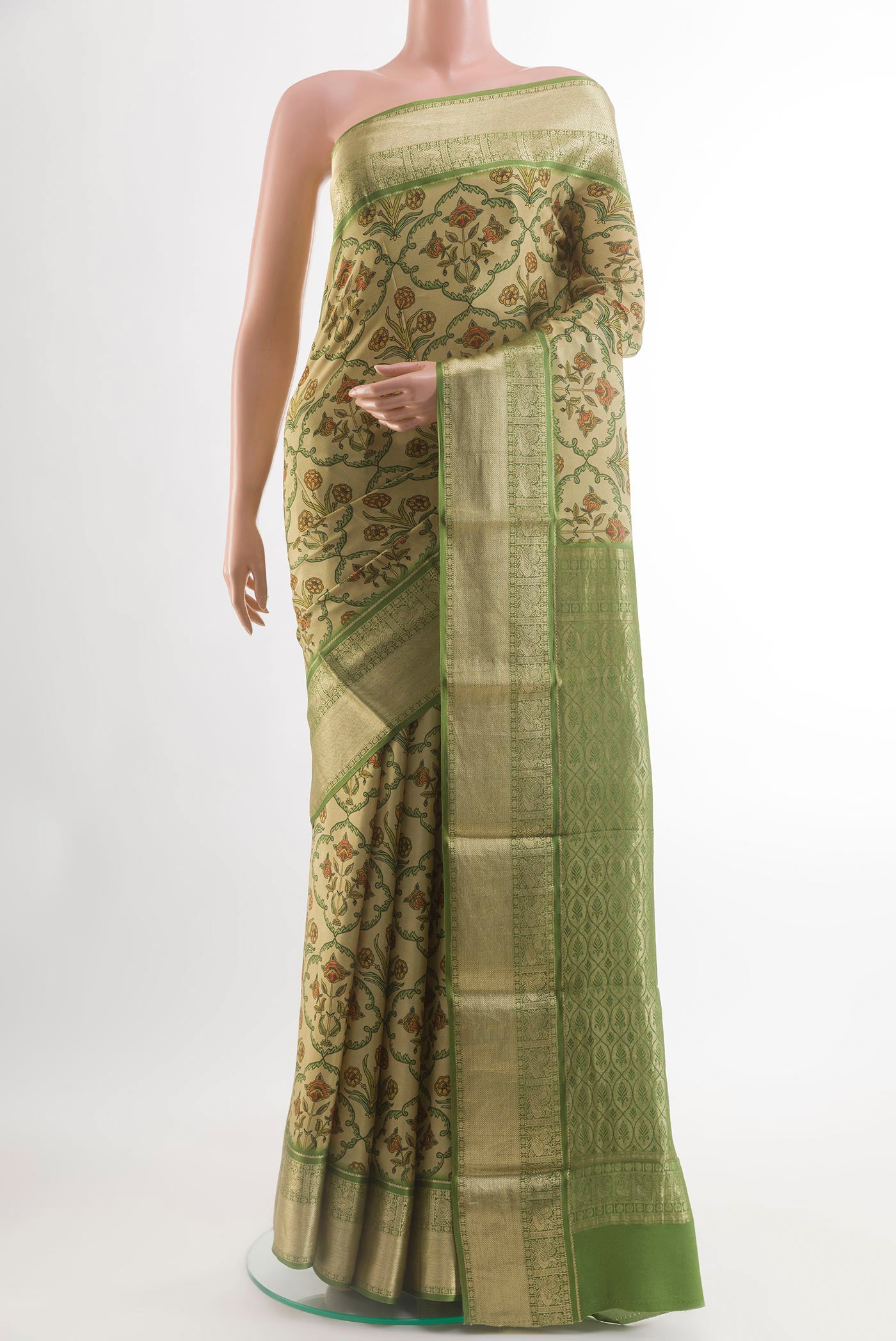 Cream Crepe Saree with Printed design on the body and Printed Border.  displayed on a mannequin