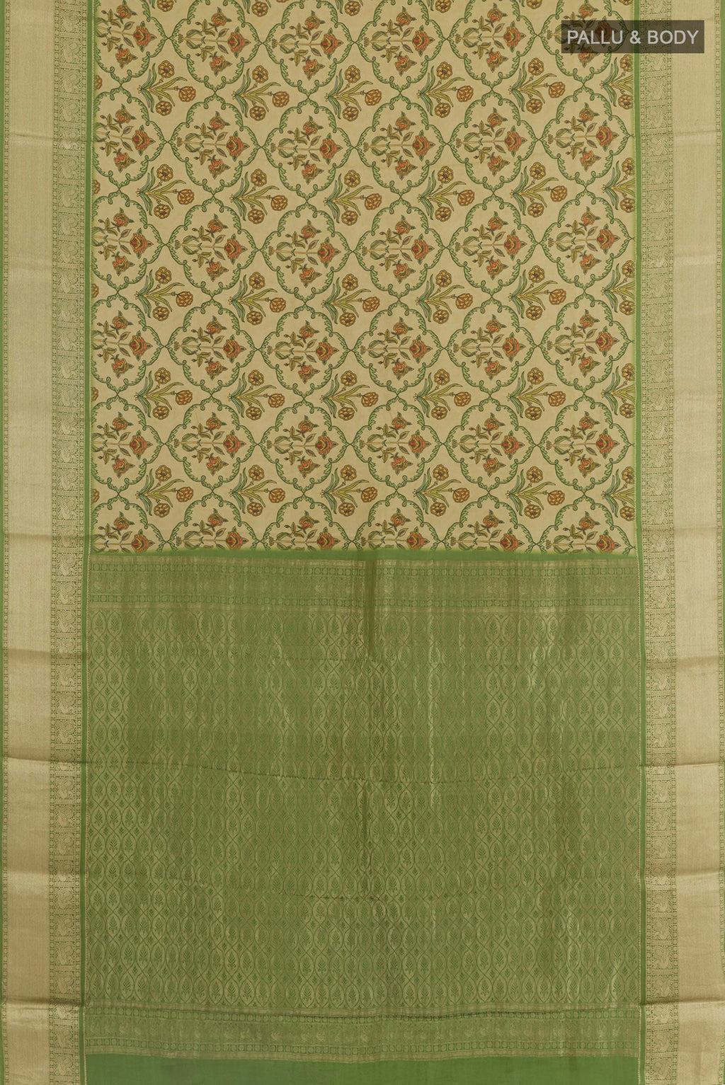Flat view of Cream Crepe Saree with Printed design on the body and Printed Border. 
