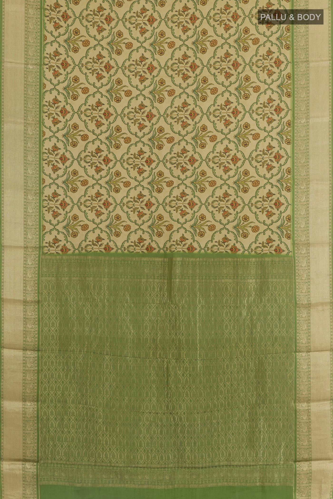 Flat view of Cream Crepe Saree with Printed design on the body and Printed Border. 