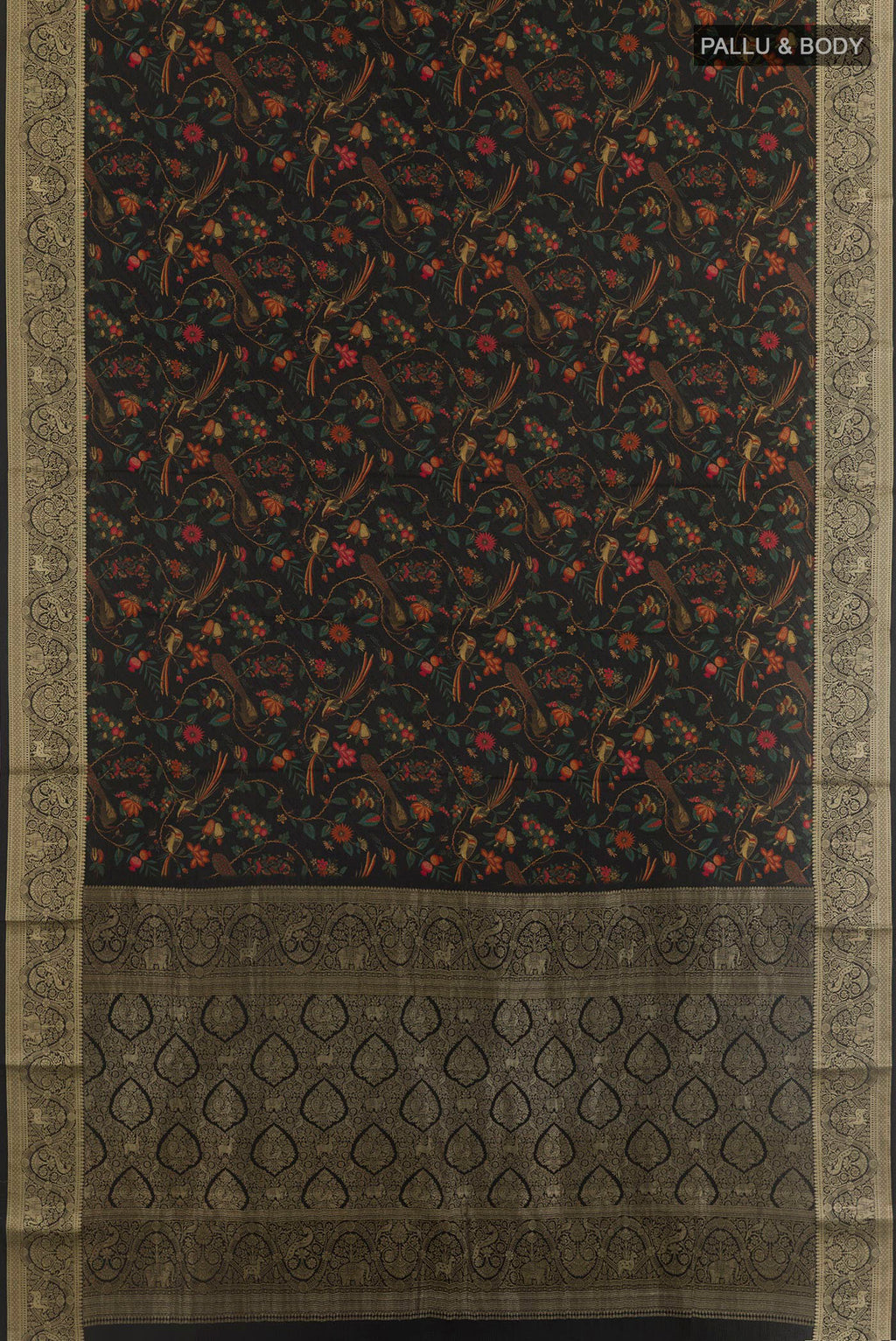 Flat view of Black Crepe Saree with Printed design on the body and Zari Border. 