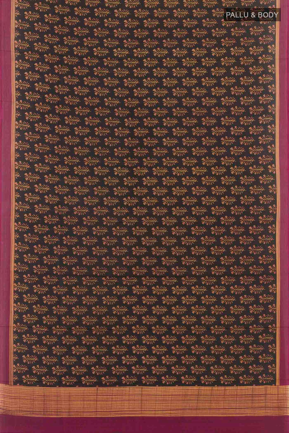 Flat view of Black Printed Silk Saree With Printed design on the body and Printed Border