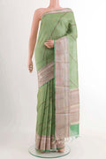 Green Tussar Saree with Stripes on the body and Printed Border displayed on a mannequin
