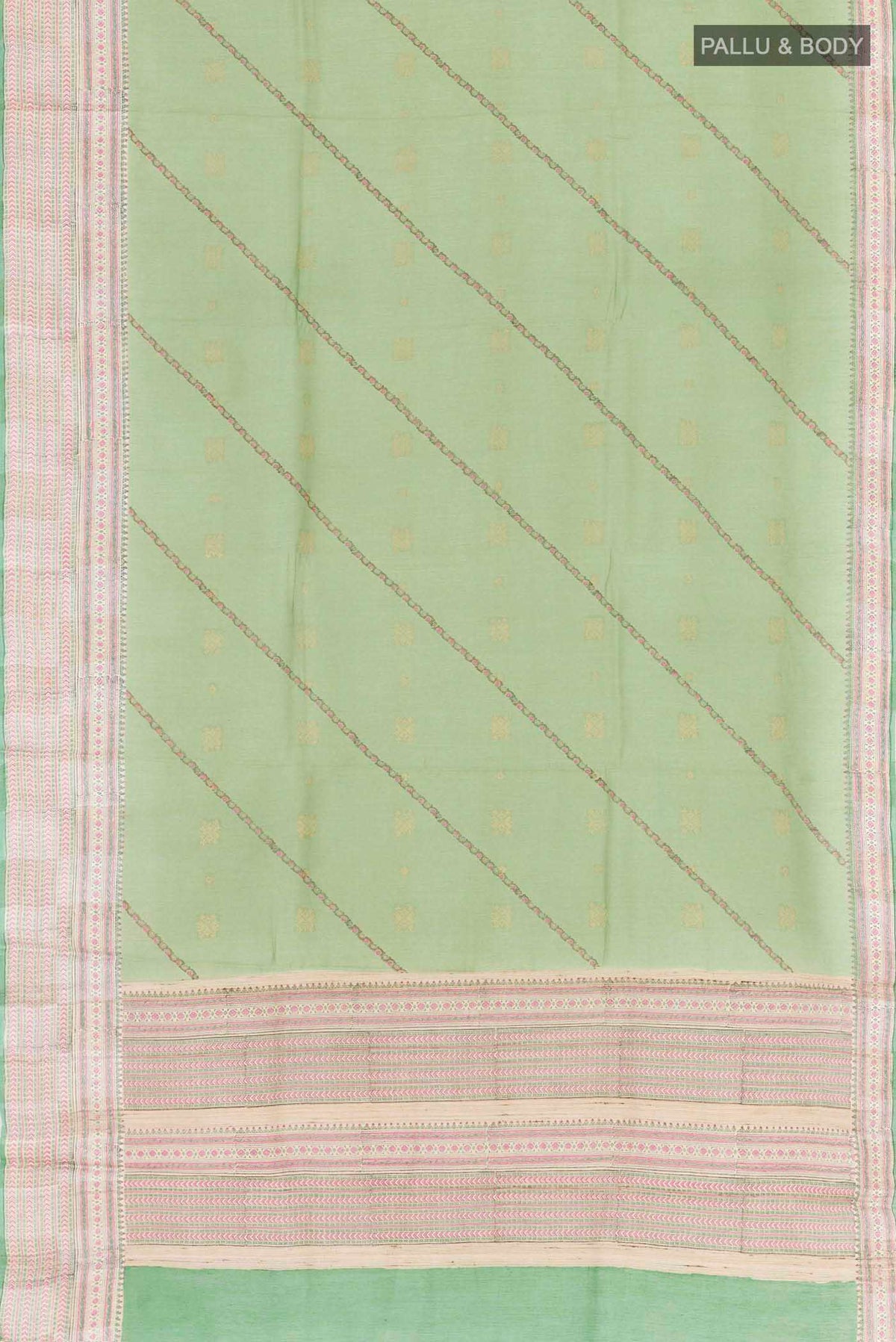 Flat view of Green Tussar Saree with Stripes on the body and Printed Border