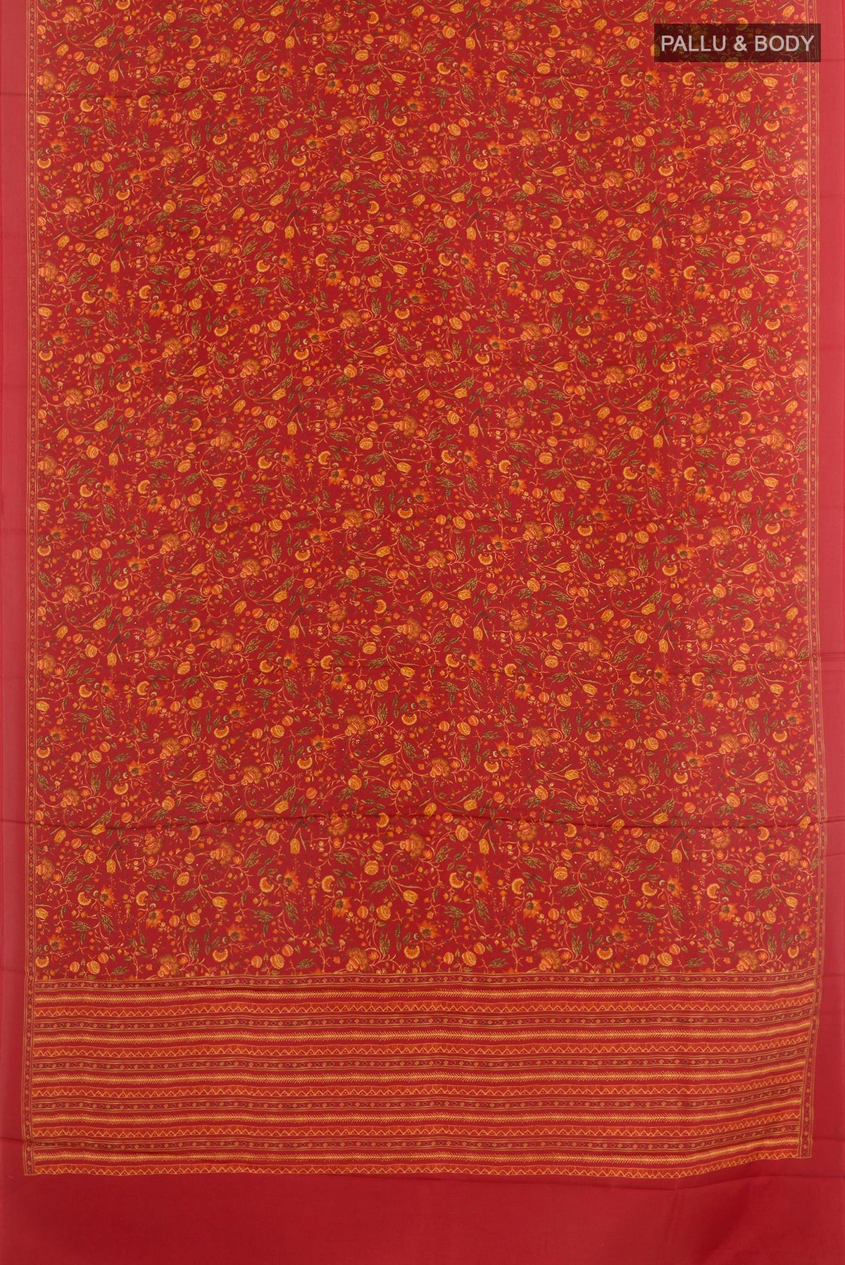Flat view of Red Printed Silk Saree with Printed design on the body and Printed Border. 
