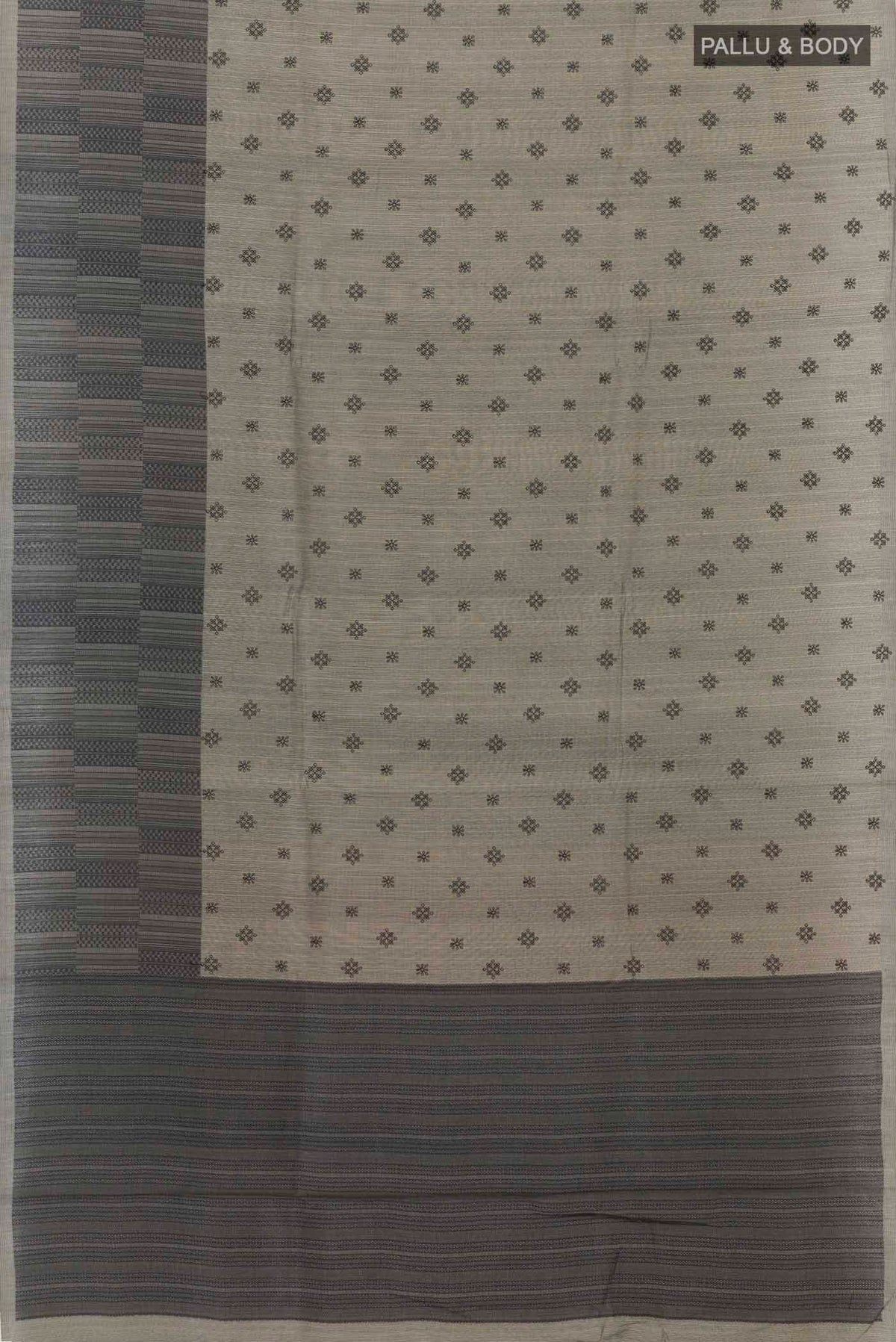 Flat view of Davys Grey Tussar Saree with Embroidery on the body and Printed Border