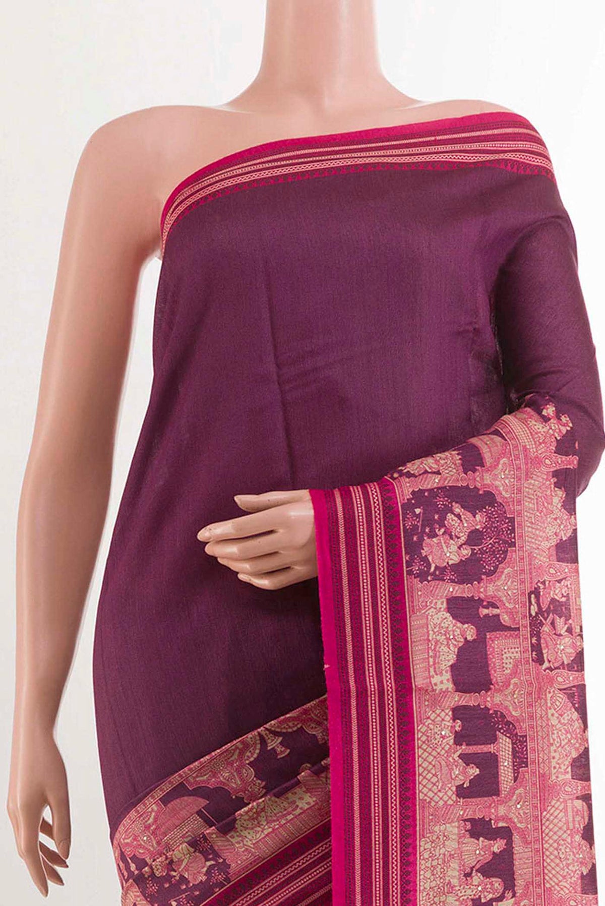Border image of Magenta Tussar Saree With Printed design on the body and Printed Border