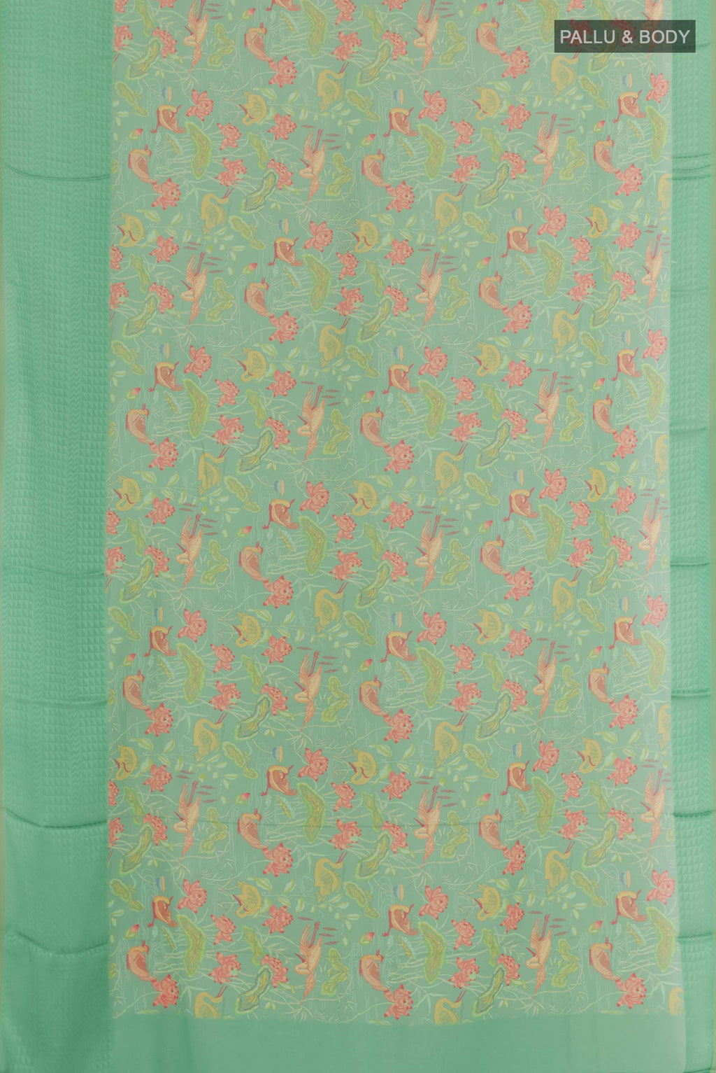 Flat view of Green Crepe Saree with Printed design on the body and Printed Border. 