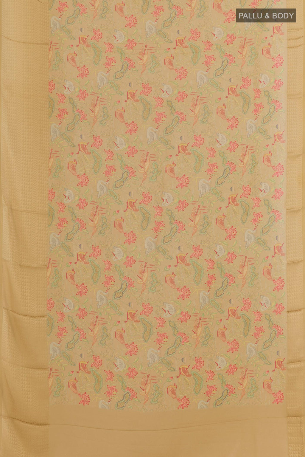 Flat view of Beige Crepe Saree with Printed design on the body and Printed Border. 