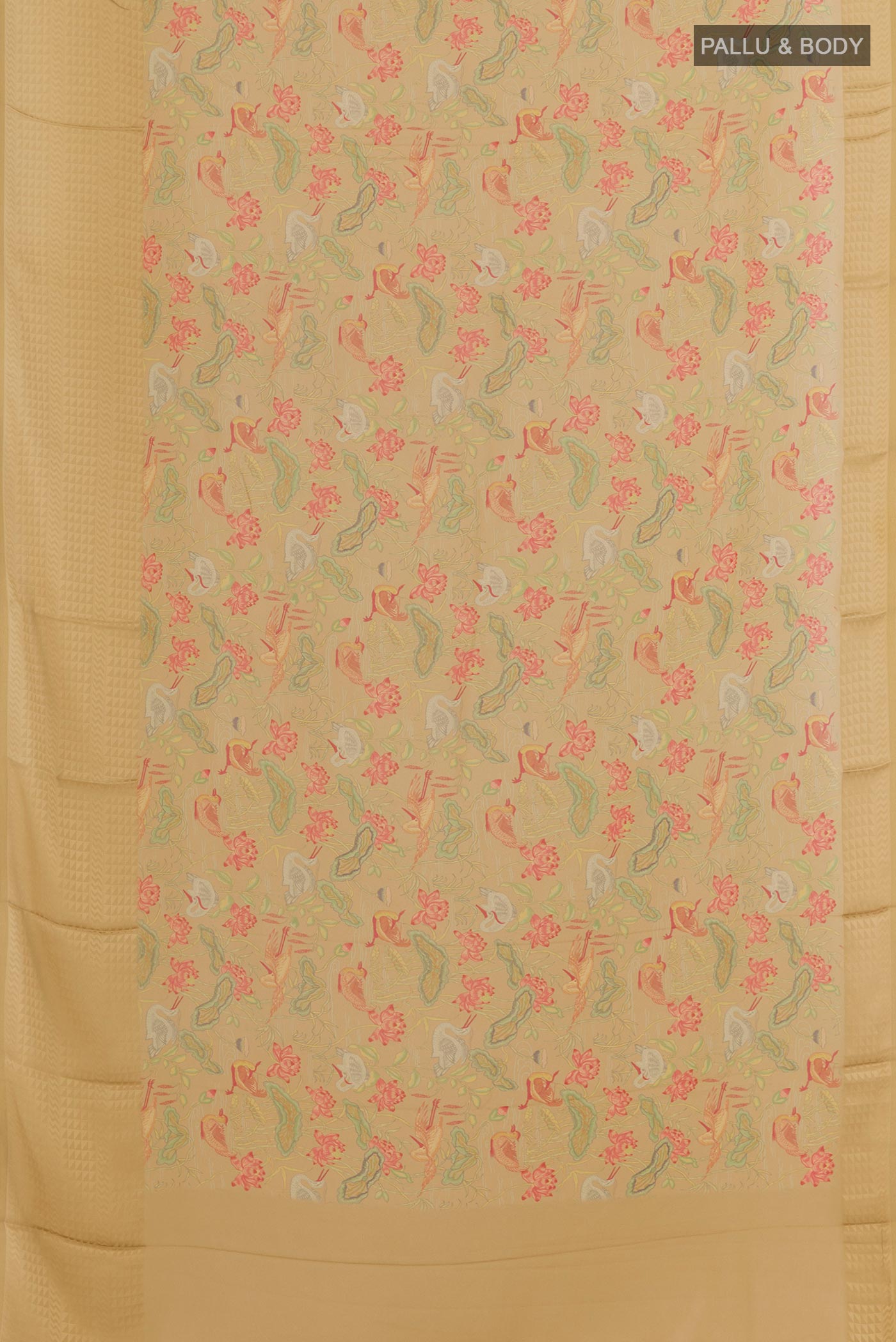 Flat view of Beige Crepe Saree with Printed design on the body and Printed Border. 