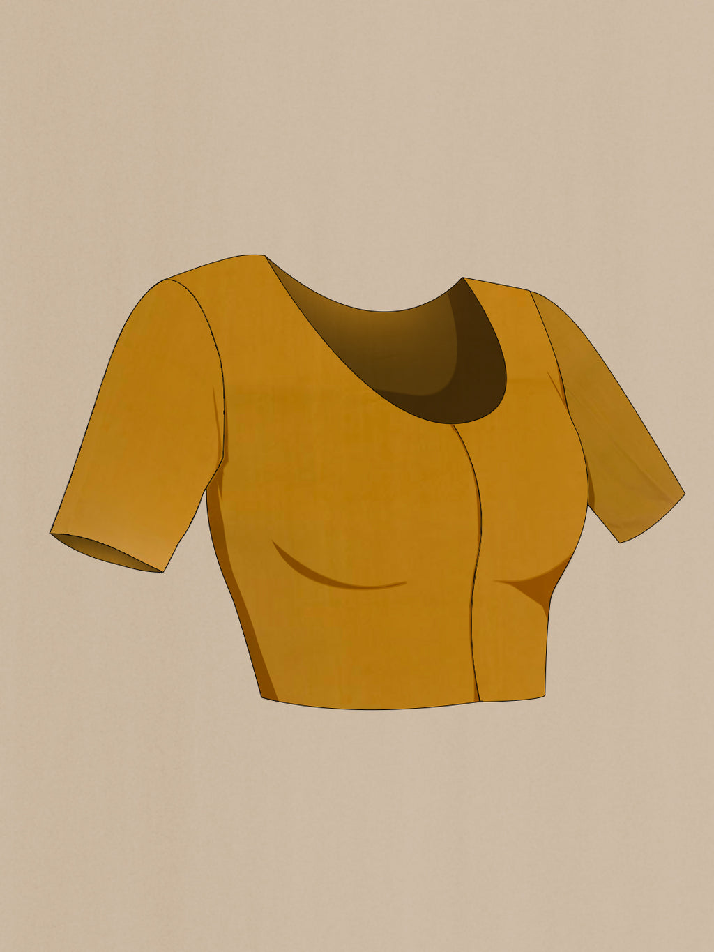 Close up image of the blouse of Mustard Satin Silk Saree with Printed design on the body and Zari Border. 