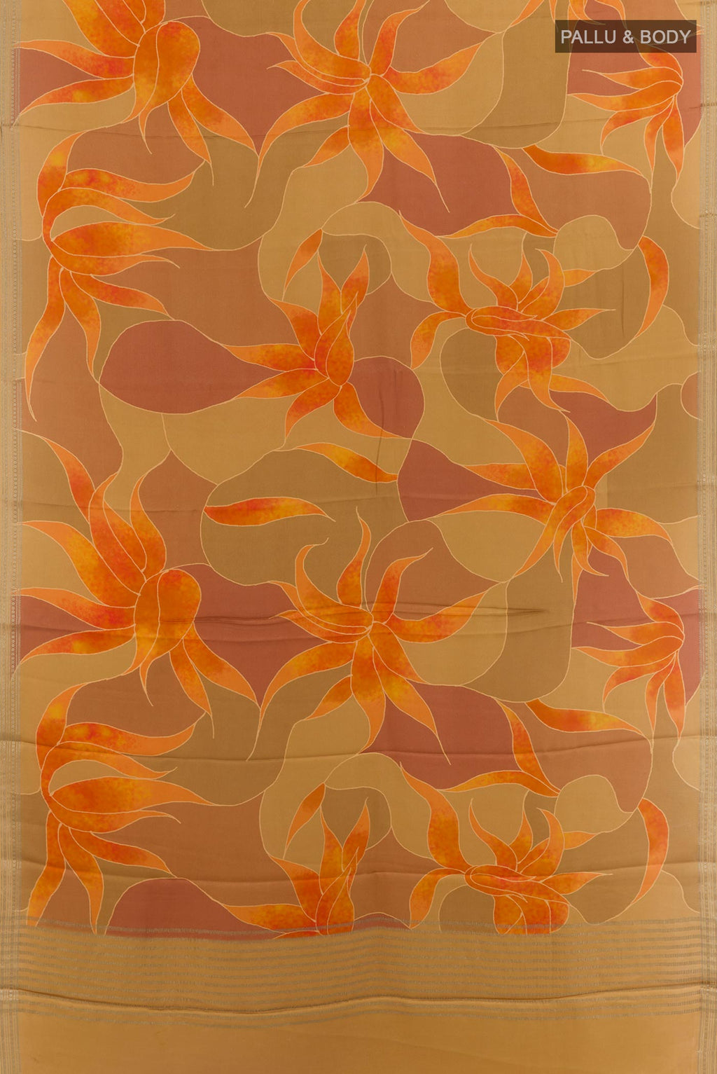 Flat view of Mustard Satin Silk Saree with Printed design on the body and Zari Border. 