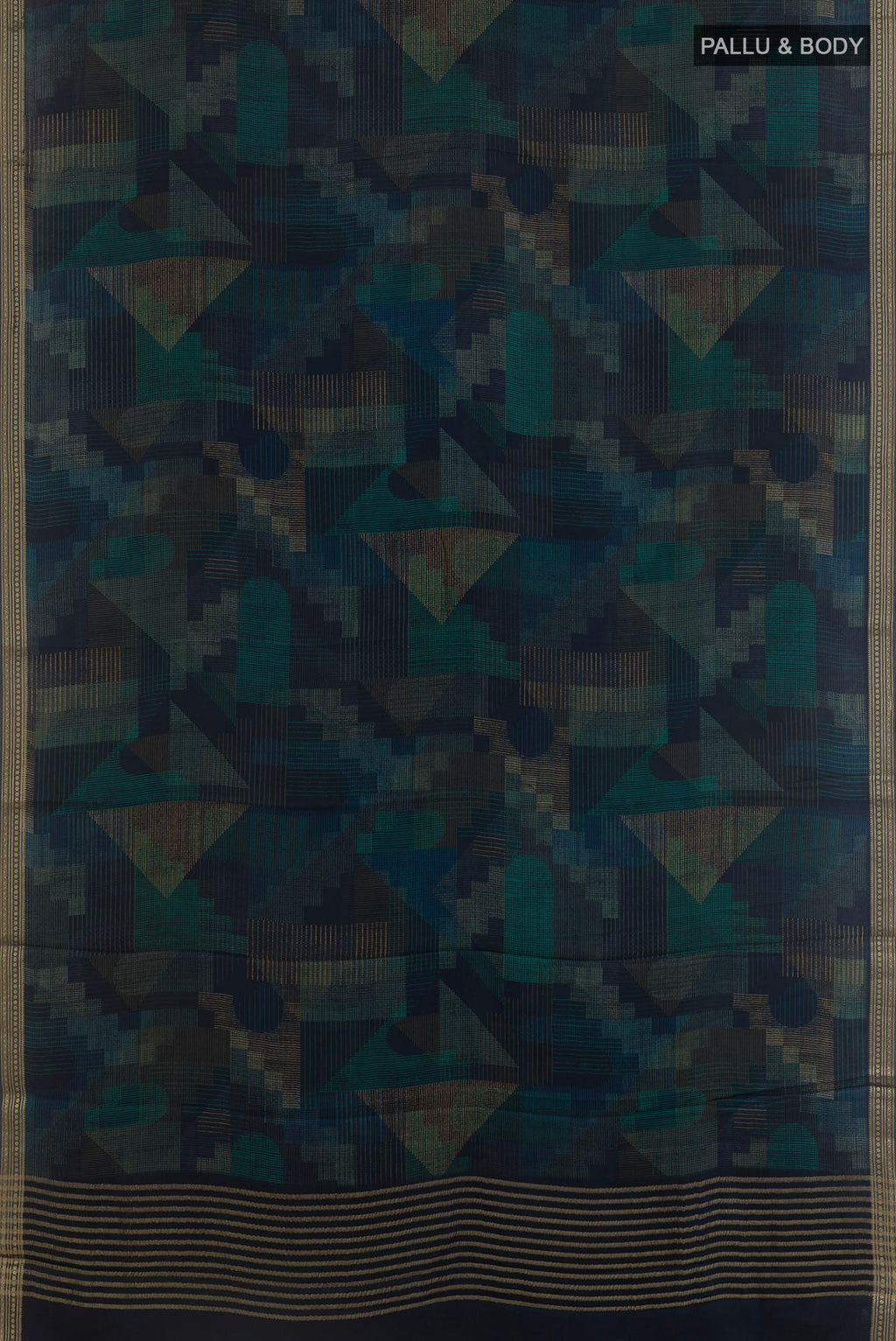 Flat view of Navy Blue Satin Silk Saree with Printed design on the body and Zari Border. 
