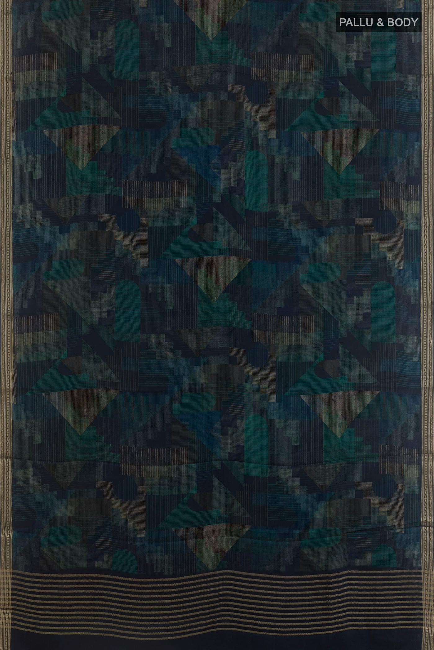 Flat view of Navy Blue Satin Silk Saree with Printed design on the body and Zari Border. 