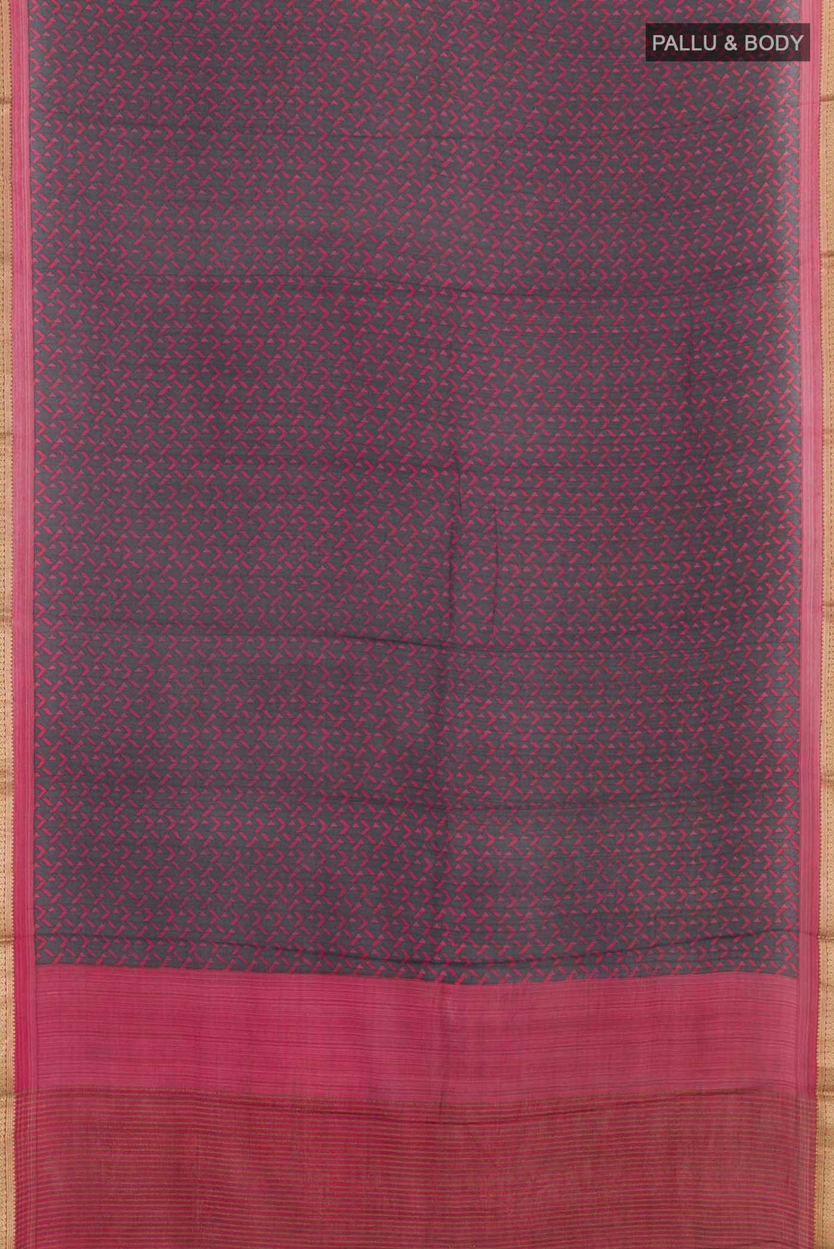 Flat view of Black Crepe SareePrinted design on the body and Zari Border