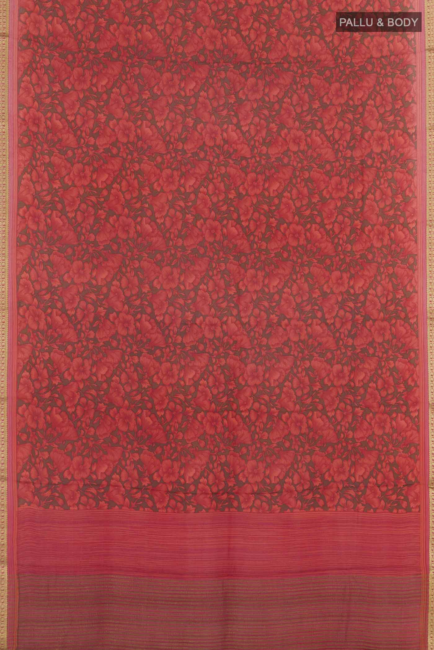 Flat view of Red Crepe Saree With Printed design on the body and Zari Border