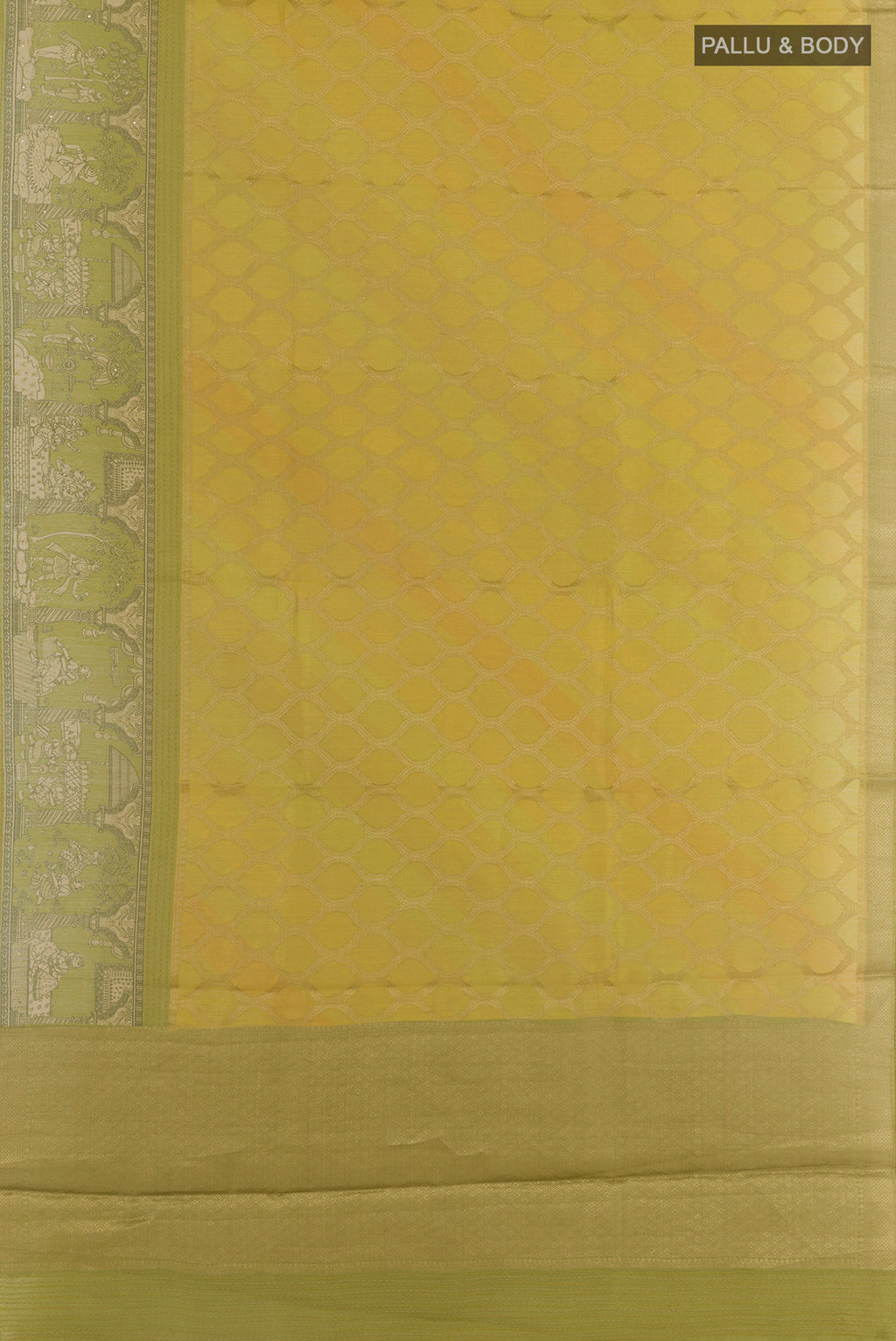 Flat view of Yellow Tussar Silk Saree with Zari Brocade on the body and Zari Border. 