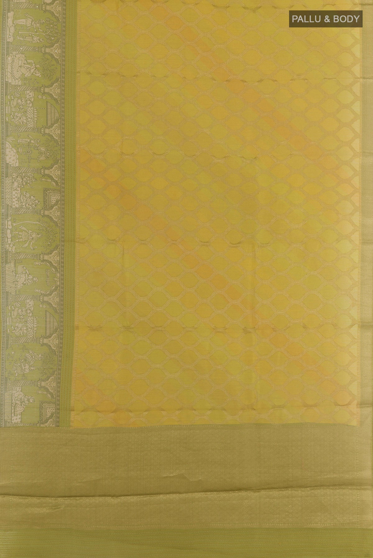 Flat view of Yellow Tussar Silk Saree with Zari Brocade on the body and Zari Border. 