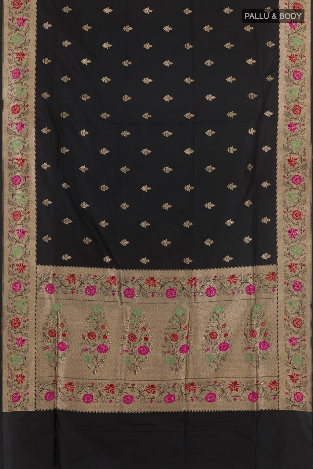 Flat view of Black Banarasi Silk Saree with Zari Butta on the body and Zari Border. 