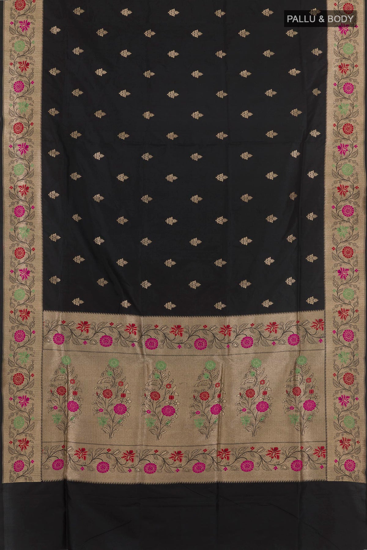 Flat view of Black Banarasi Silk Saree with Zari Butta on the body and Zari Border. 