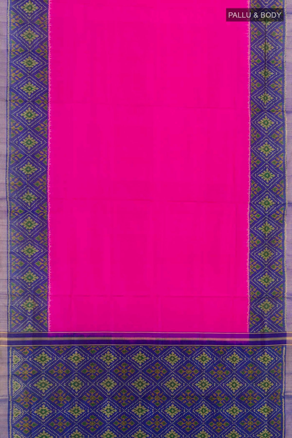 Flat view of Pink Rajkot Patola Silk Saree with Plain Body and Zari Border