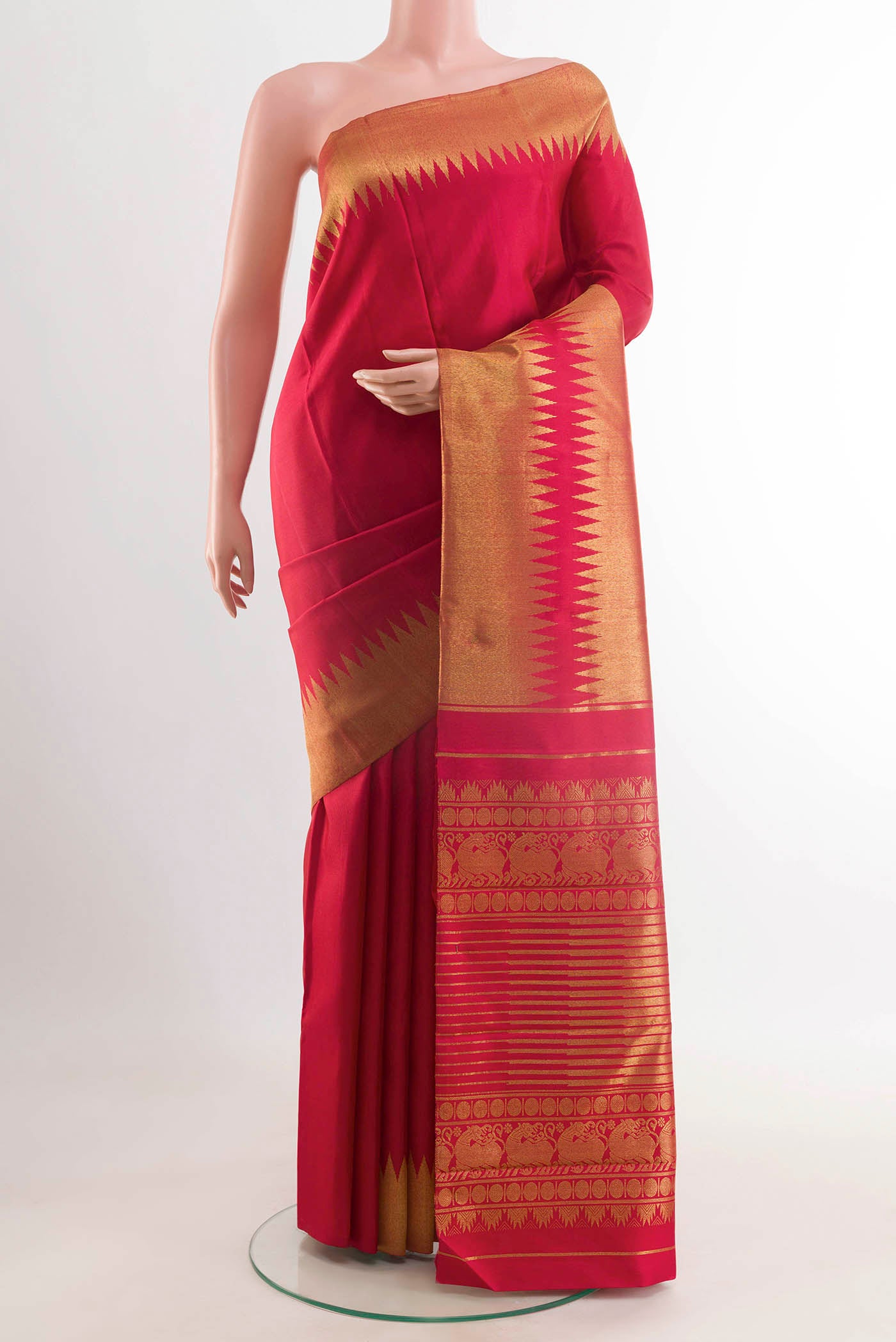 Maroon Kanchipuram Silk Saree with Plain Body and Rising Temple Border displayed on a mannequin