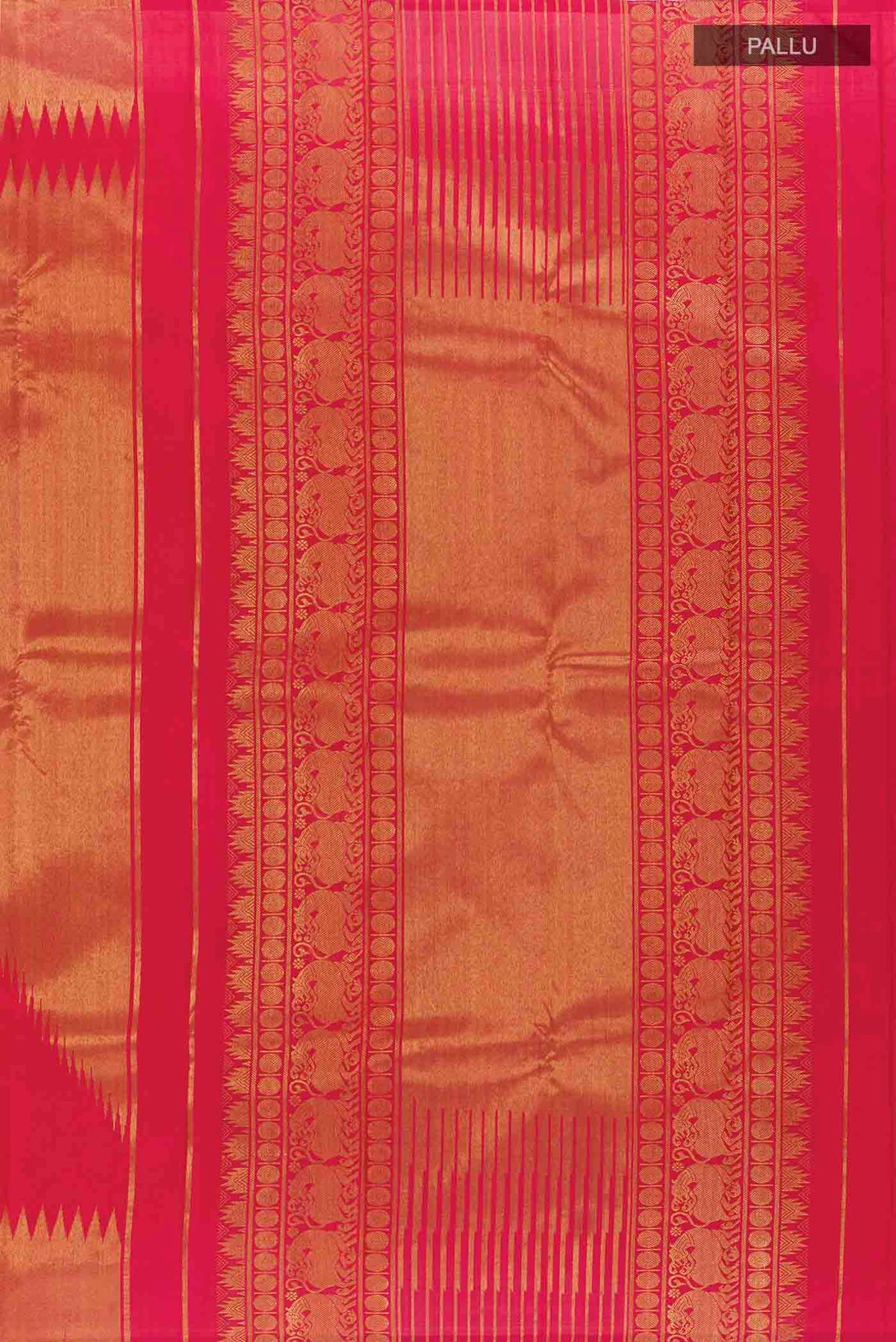Close up image of the pallu of Maroon Kanchipuram Silk Saree with Plain Body and Rising Temple Border