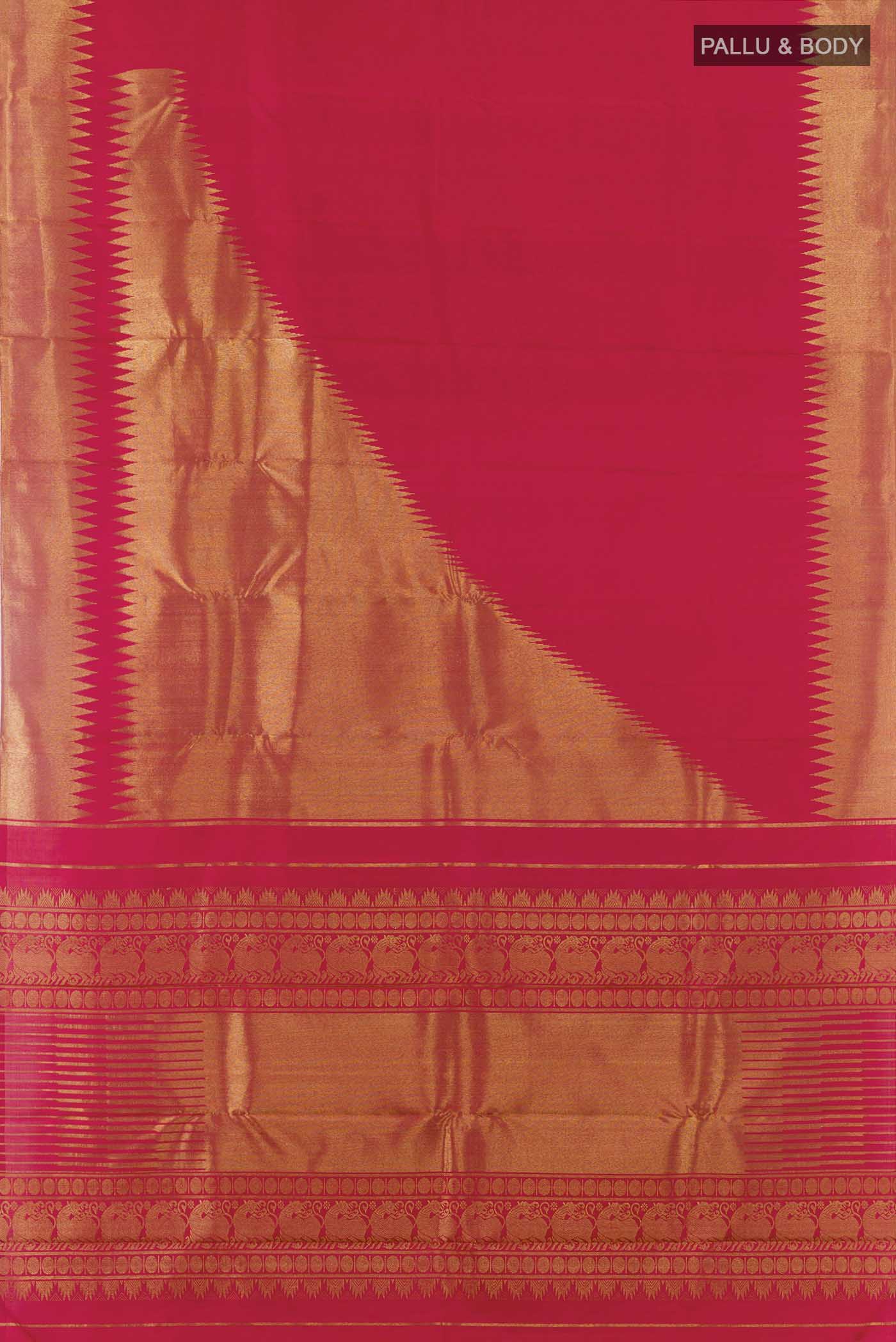 Flat view of Maroon Kanchipuram Silk Saree with Plain Body and Rising Temple Border