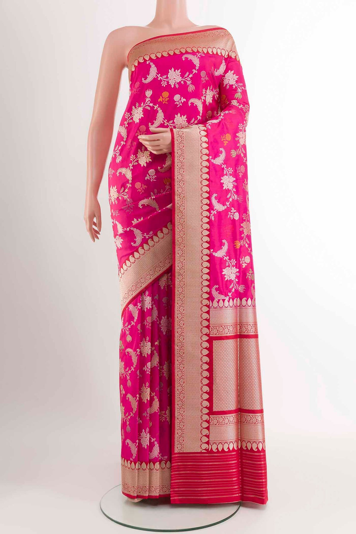 Pink Banarasi Silk Saree with Zari Brocade on the body and Zari Border displayed on a mannequin