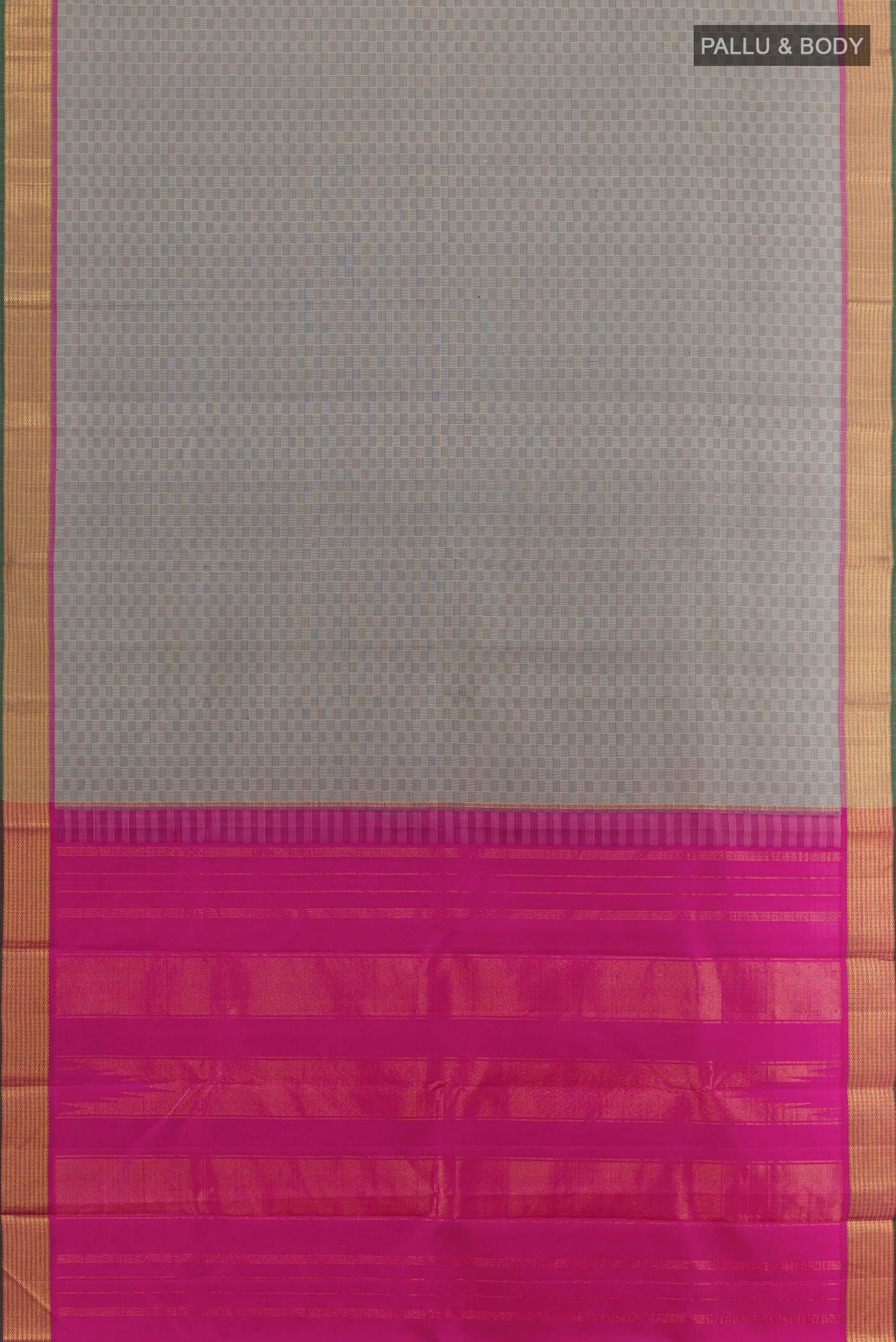 Flat view of Grey Kanchipuram Silk Saree with Checked design on the body and Zari Border. 