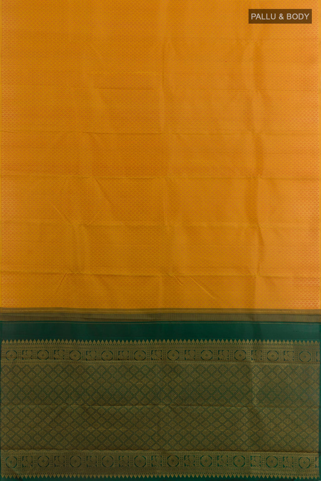 Flat view of Bottle Green Kanchipuram Silk Saree with Half And Half on the body and Without Border. 