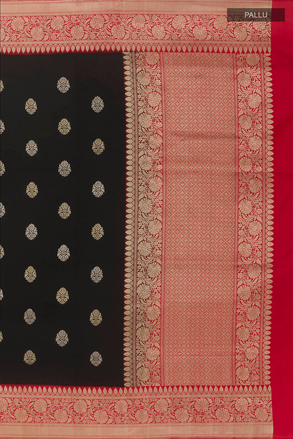 Close up image of the pallu of Black Banarasi Silk Saree with Zari Butta on the body and Zari Border. 