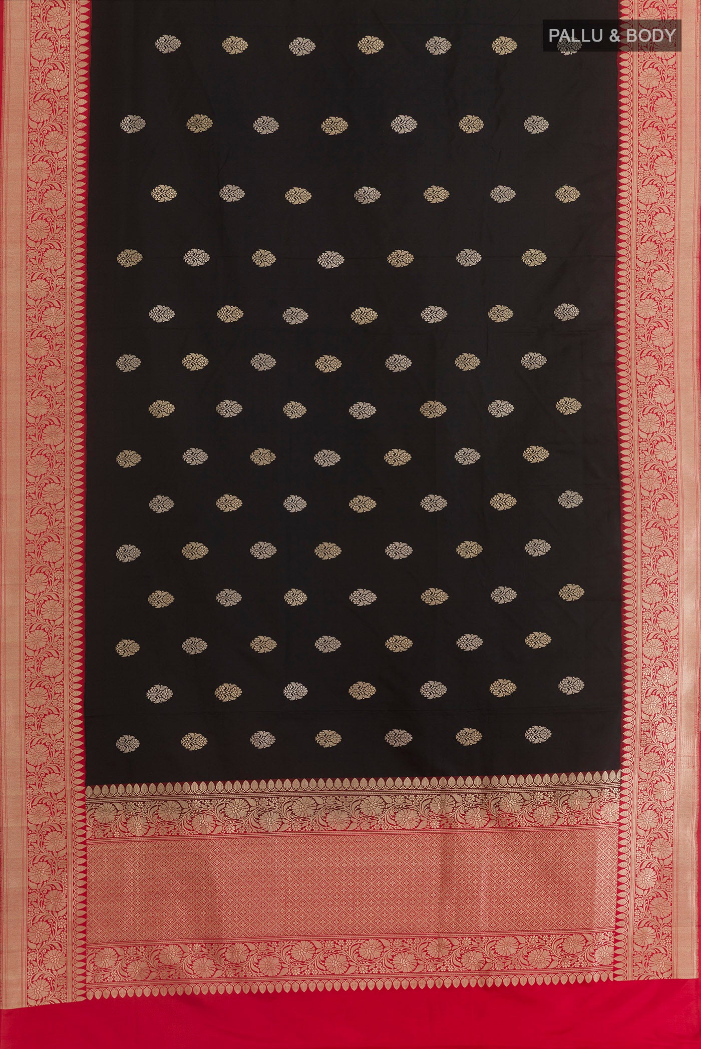 Flat view of Black Banarasi Silk Saree with Zari Butta on the body and Zari Border. 