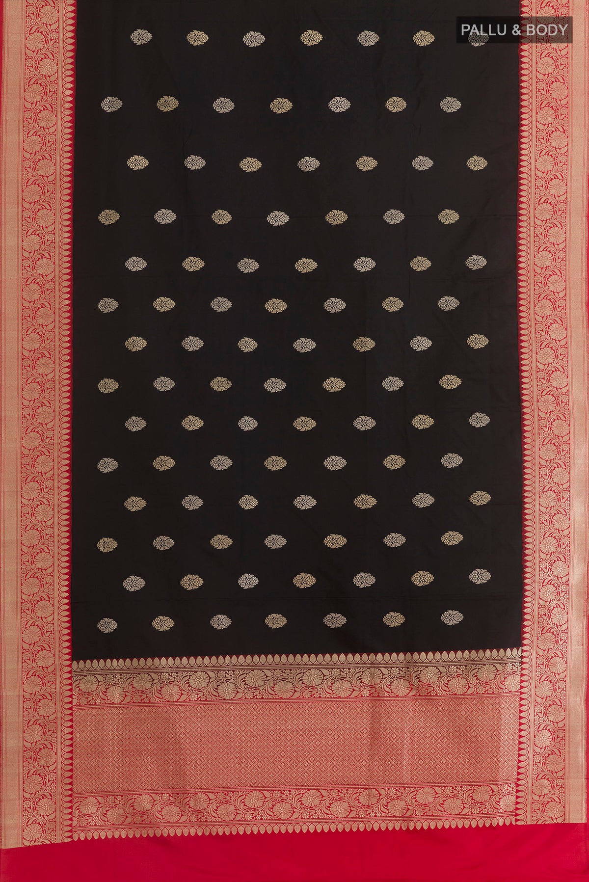 Flat view of Black Banarasi Silk Saree with Zari Butta on the body and Zari Border. 