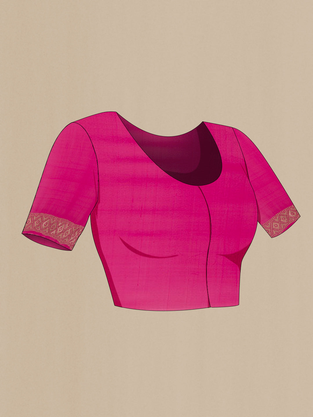 Close up image of the blouse of Rani Pink Banarasi Georgette Saree with Zari Brocade on the body and Zari Border. 