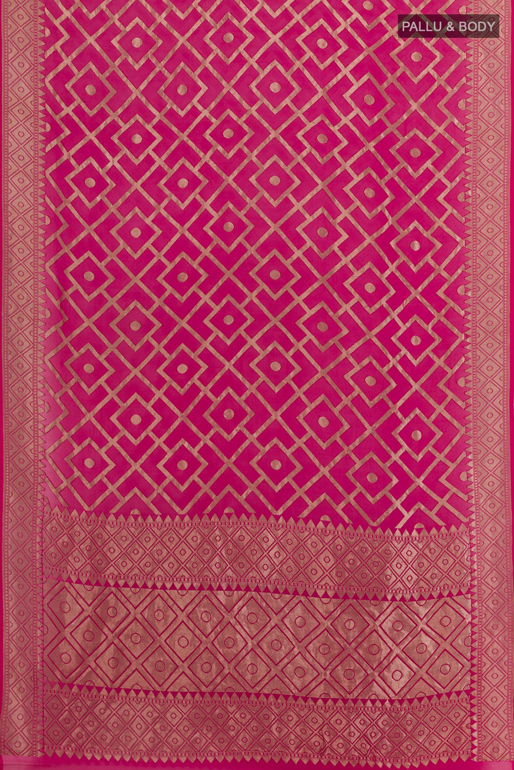 Flat view of Rani Pink Banarasi Georgette Saree with Zari Brocade on the body and Zari Border. 