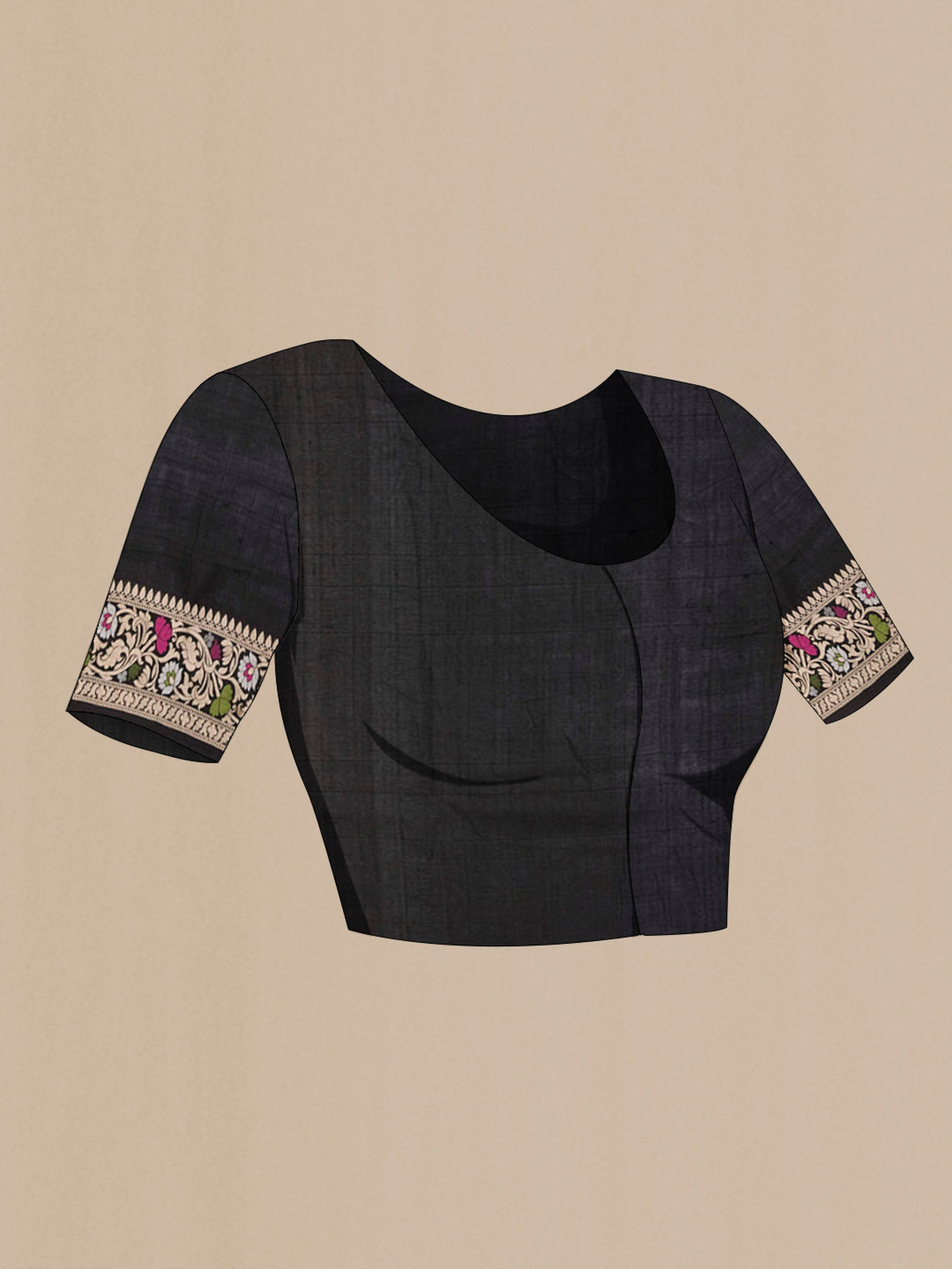 Close up image of the blouse of Black Banarasi Tussar Silk Saree with Zari Brocade on the body and Zari Border