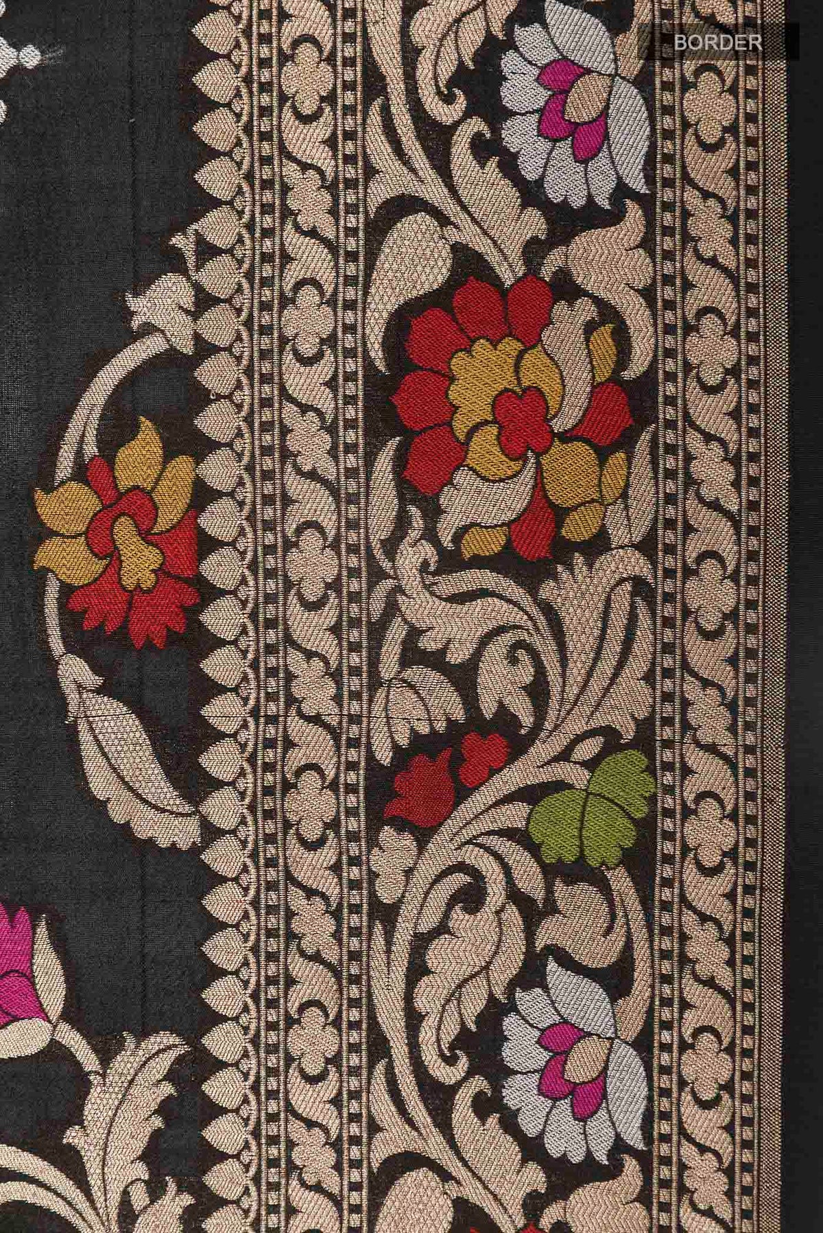 Border image of Black Banarasi Tussar Silk Saree with Zari Brocade on the body and Zari Border