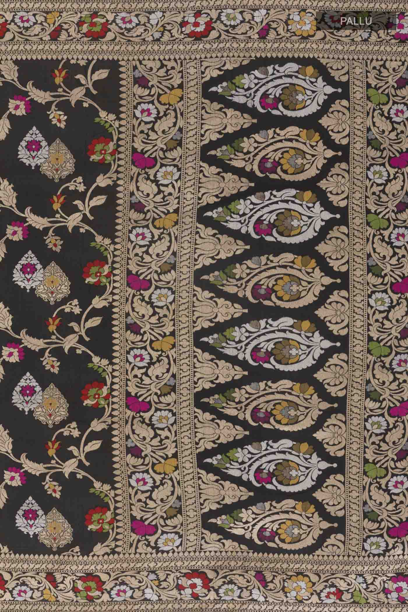 Close up image of the pallu of Black Banarasi Tussar Silk Saree with Zari Brocade on the body and Zari Border