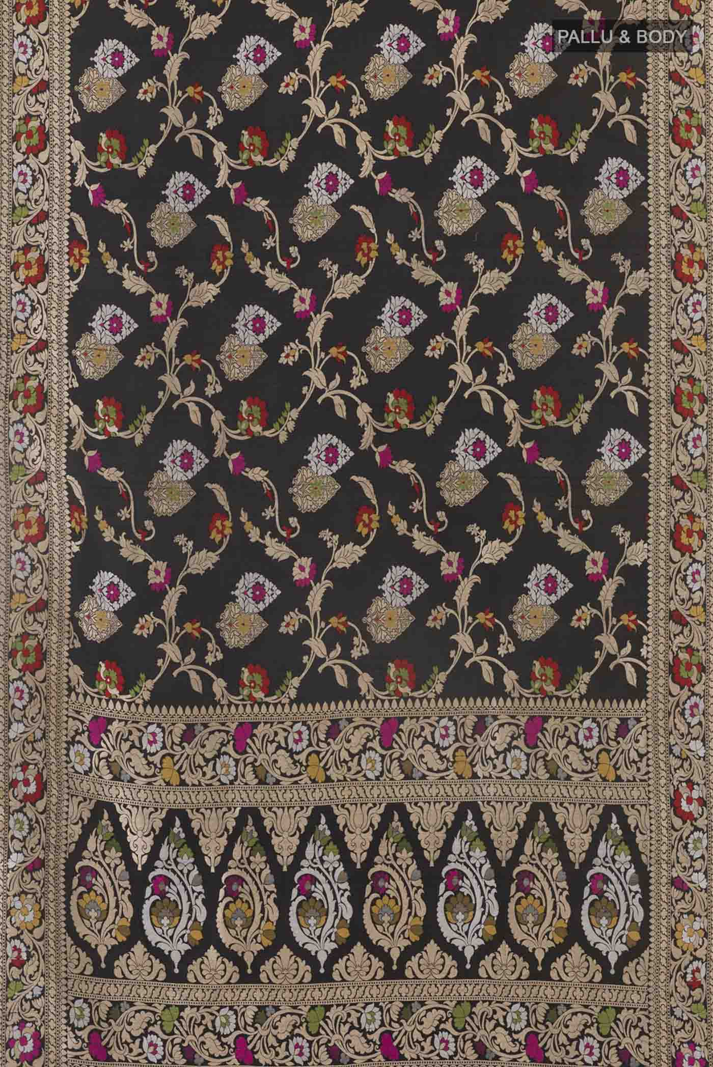 Flat view of Black Banarasi Tussar Silk Saree with Zari Brocade on the body and Zari Border
