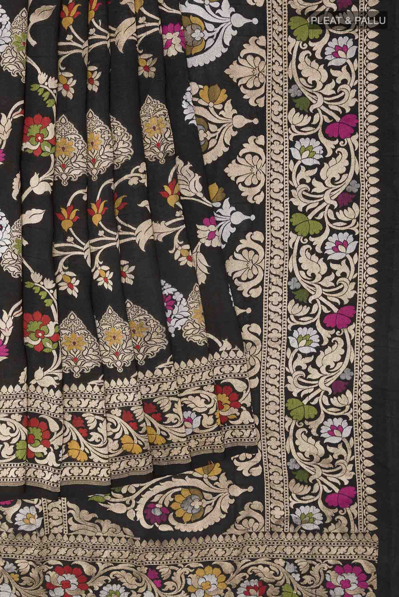 Pleats and pallu of Black Banarasi Tussar Silk Saree with Zari Brocade on the body and Zari Border