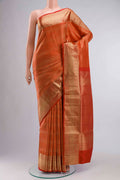 Red Soft Silk Saree with Stripes on the body and Zari Border displayed on a mannequin
