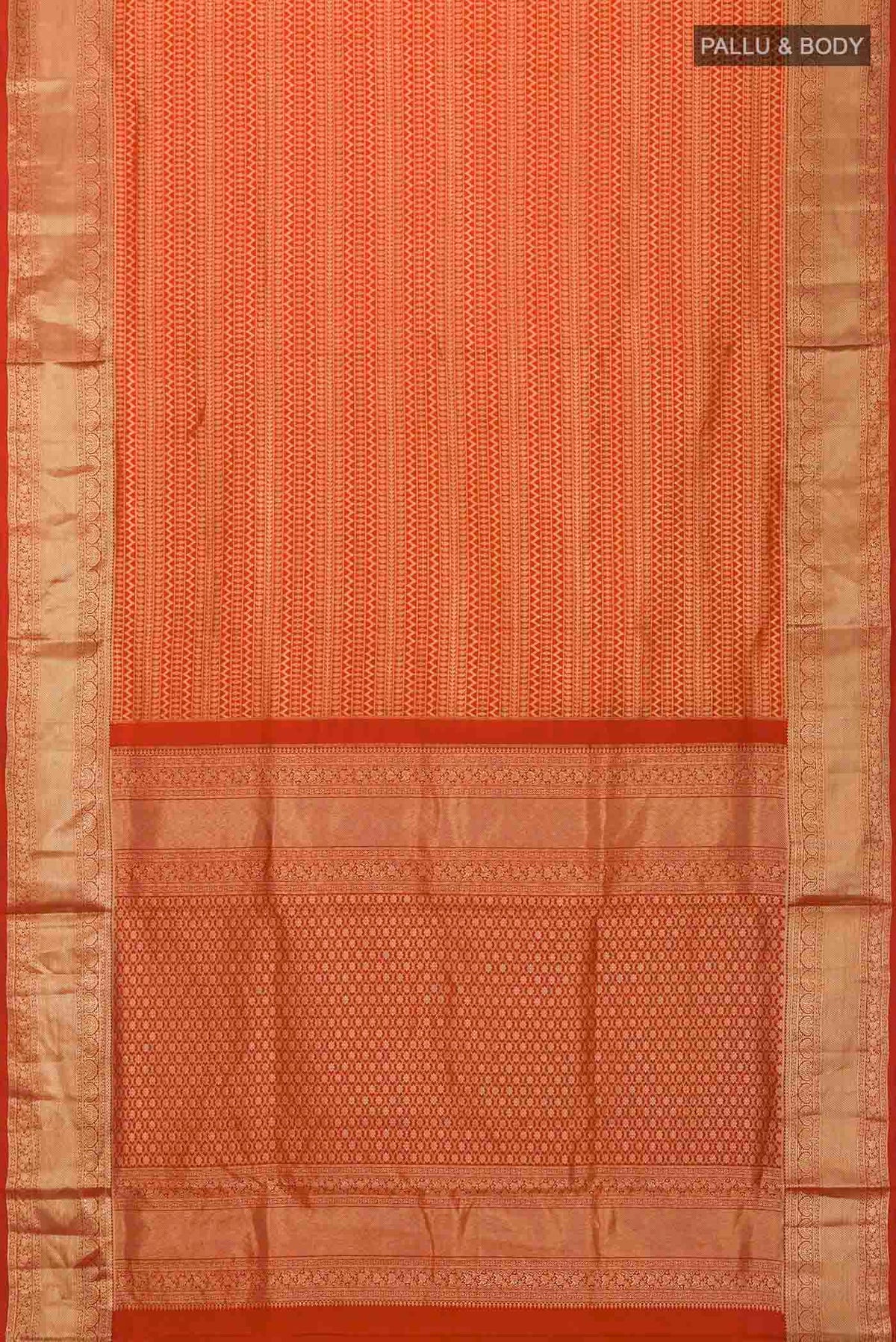 Flat view of Red Soft Silk Saree with Stripes on the body and Zari Border