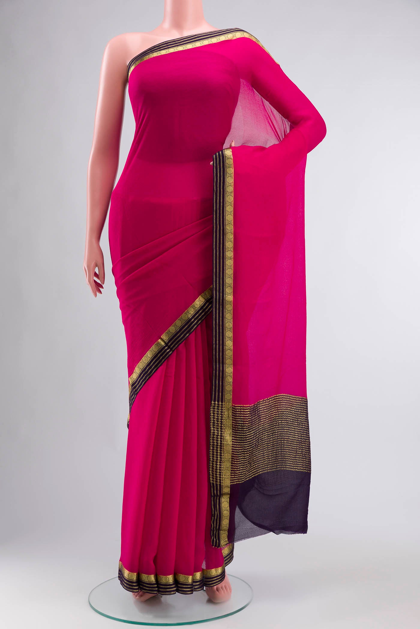 Pink Mysore Chiffon Saree with Plain Body and Zari Border displayed on a mannequin