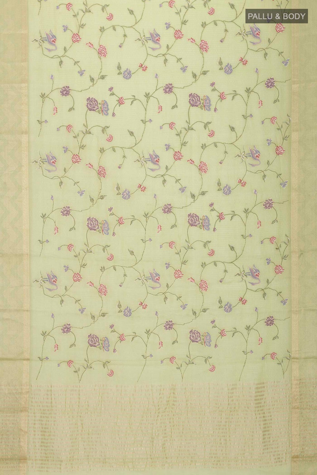 Flat view of Green Mysore Georgette Saree with Embroidery on the body and Zari Border