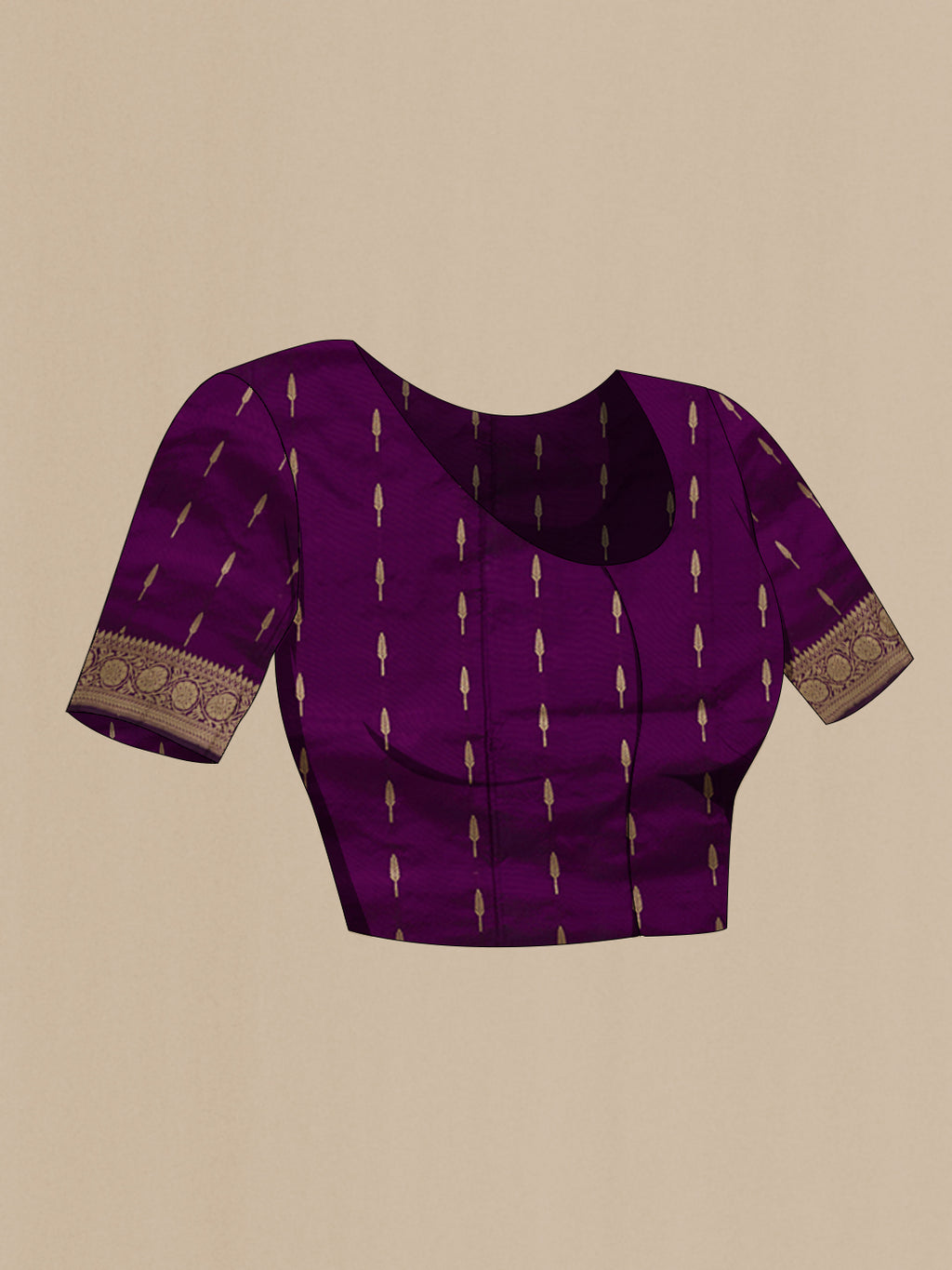 Close up image of the blouse of Purple Banarasi Katan Silk Saree with Plain Body and Zari Border. 