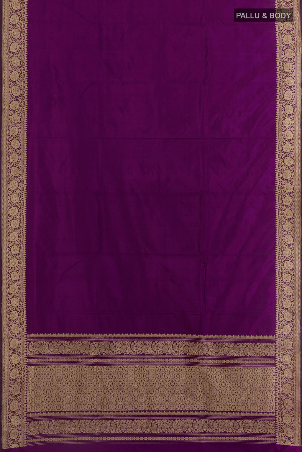 Flat view of Purple Banarasi Katan Silk Saree with Plain Body and Zari Border. 